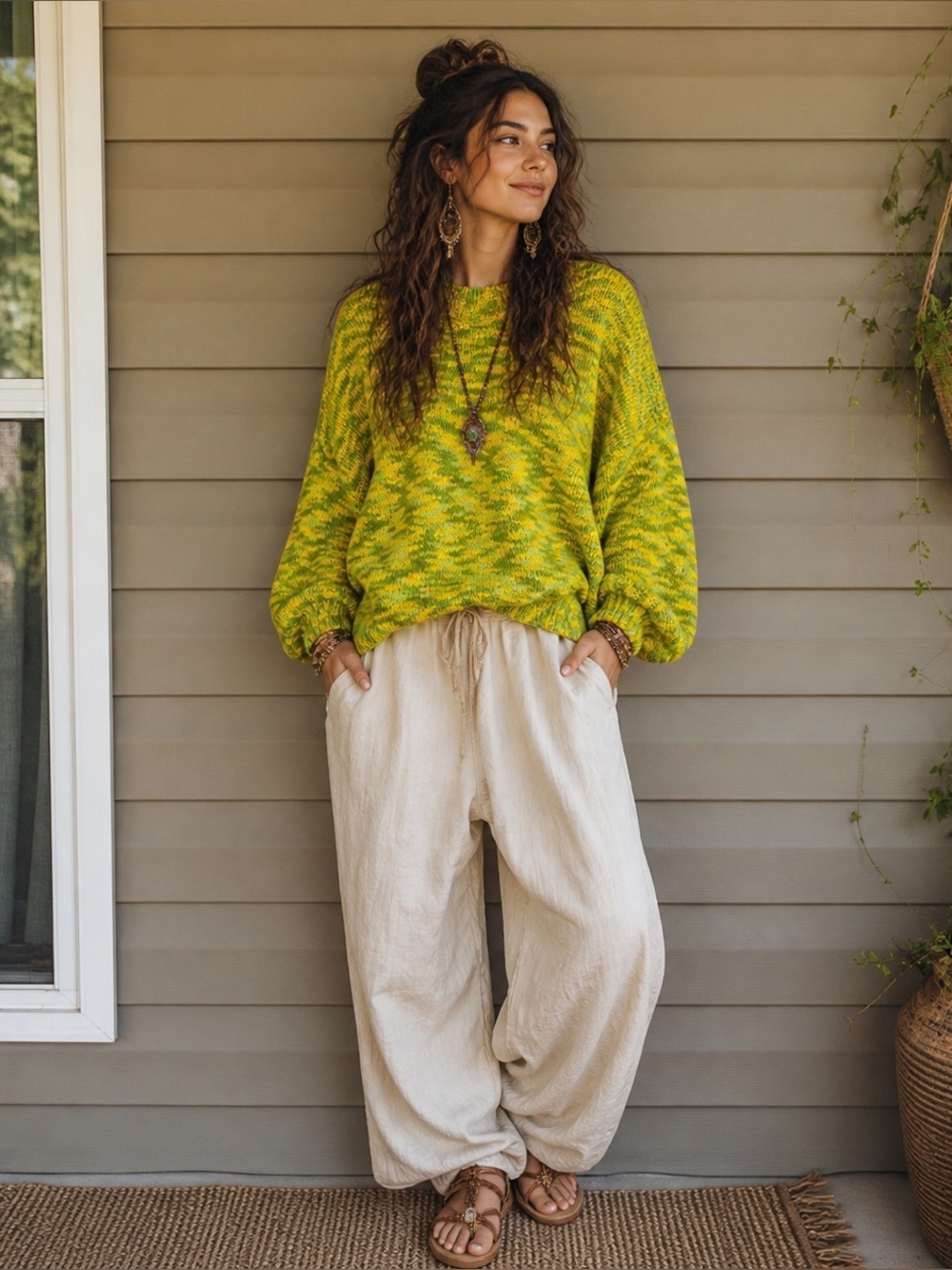 Cider Neon Yellow & Lime Green Marled Knit Sweater women’s